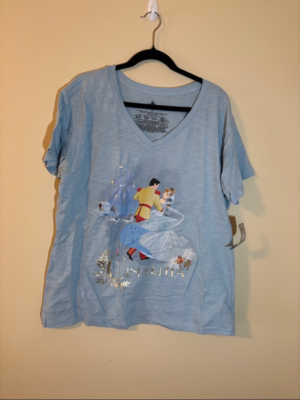Disney Light Blue Cinderella Dance Graphic V‑Neck Tee, gold accents